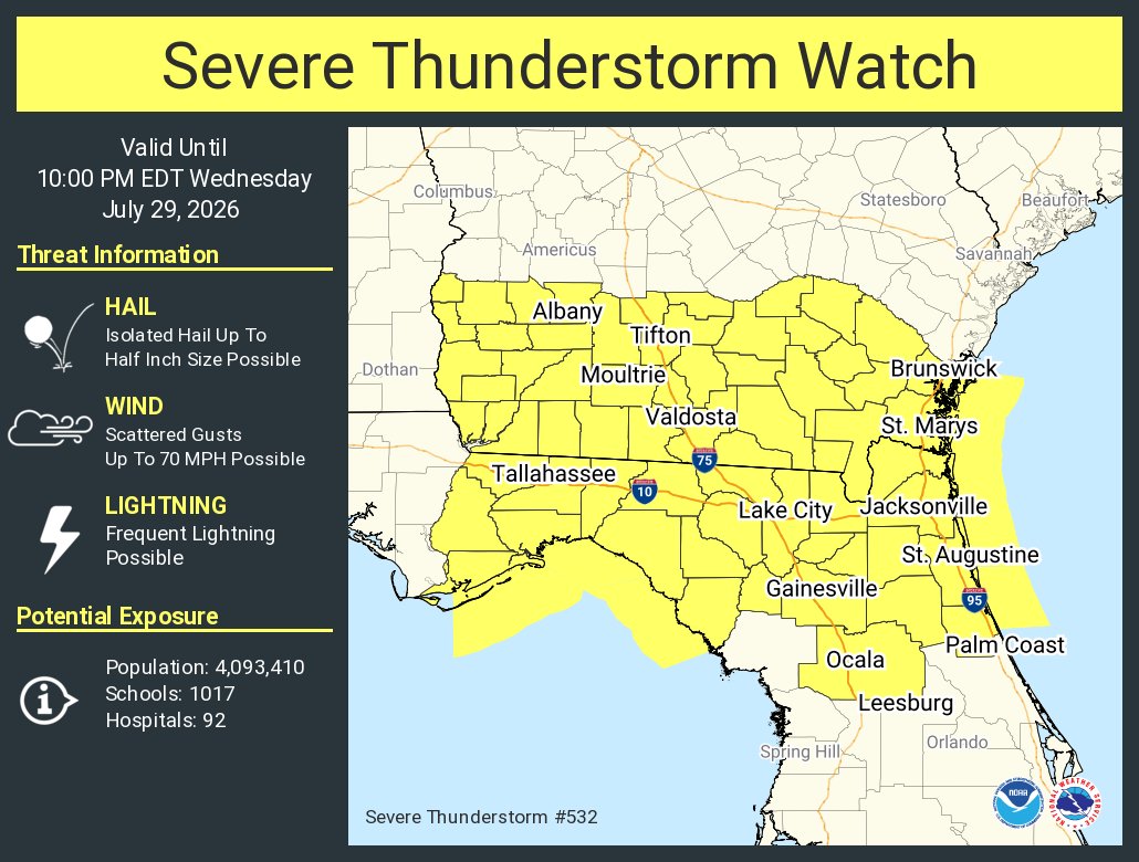 NWSJacksonville's tweet photo. A severe thunderstorm watch has been issued for parts of Florida and Georgia until 10 PM EDT https://t.co/fC9eEJvgNG