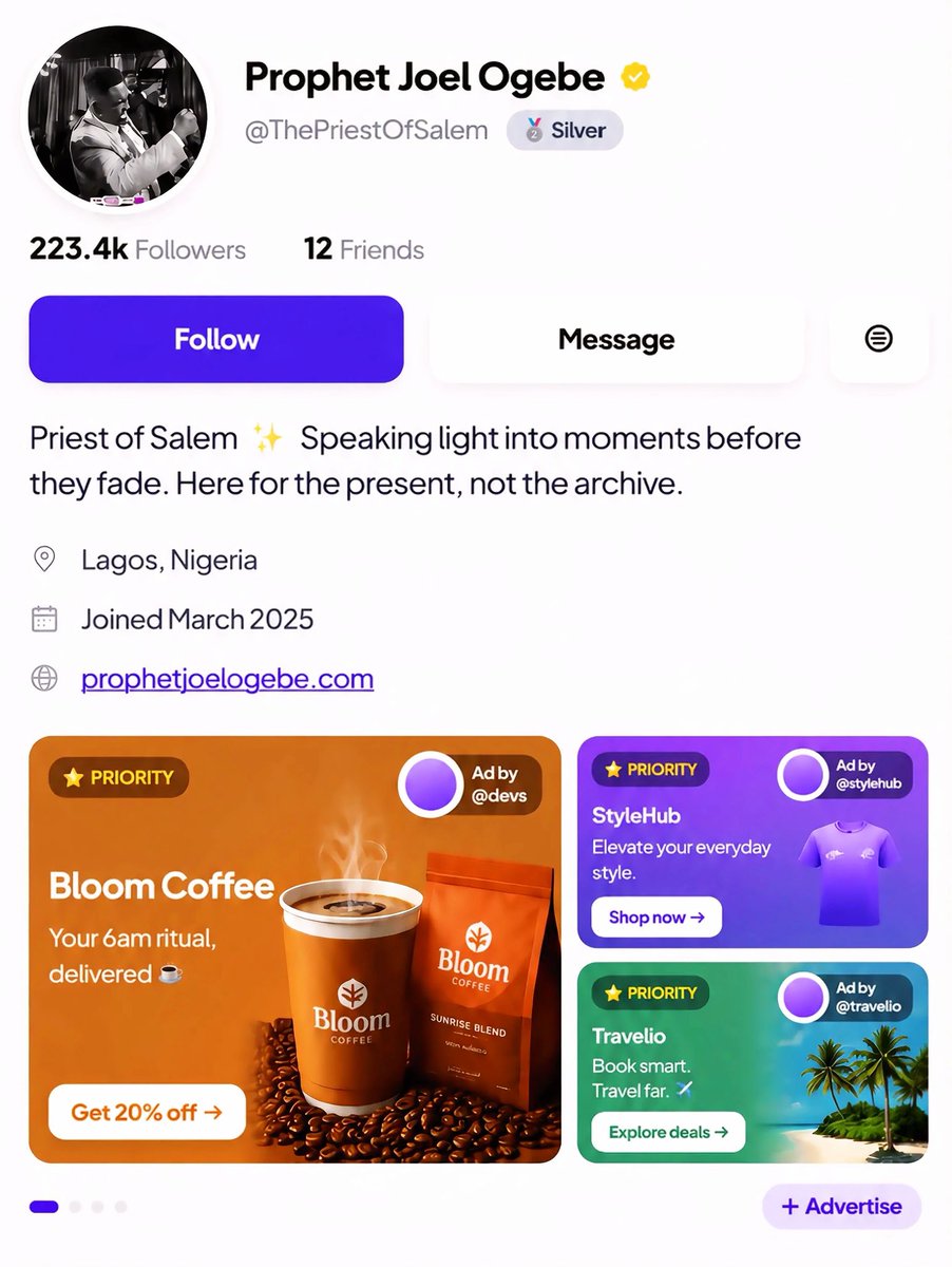 ProphetJoelO's tweet photo. NO MORE BANNER! 
WE INTRODUCE TO YOU, ADS SPACE. 

Among the many exciting features coming to TimedApp, there’s one I’m especially thrilled about, because, as far as we know, we’ll be the first social media platform to introduce it.

We’re removing the traditional profile banner because, in reality, it adds very little value. In its place, we’re introducing something far more powerful: your personal Ad Space.

Every user will have a dedicated advertising space on their profile. And here’s where it gets interesting: users with 1,000+ followers will be able to monetize that space by accepting ads from other users and getting paid for it.

Think of it as your own digital billboard inside TimedApp. A space you own. A space you control. A space that can generate income.

This creates an entirely new creator economy. Instead of profile views being just numbers, they become opportunities. It gives users another reason to build authentic communities, while giving advertisers a way to place highly targeted ads directly in front of engaged, organic audiences.

It’s a win for creators. A win for advertisers. A win for businesses. And a win for TimedApp.

We’re not just building another social network. We’re building an economy where attention creates opportunity.

Timed is different. 
Timed is original. 
Timed is for you.
