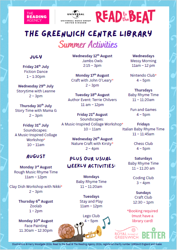 greenwich_clib's tweet photo. At Greenwich Centre Library, we have an array of exciting workshops taking place over the summer holidays for kids. Tied into the 'Read to the Beat' theme of this year's Summer Reading Challenge, these events are sure to inspire your creativity!
@GreenwichLibs #gll #readtothebeat https://t.co/VMQAOHfoqO