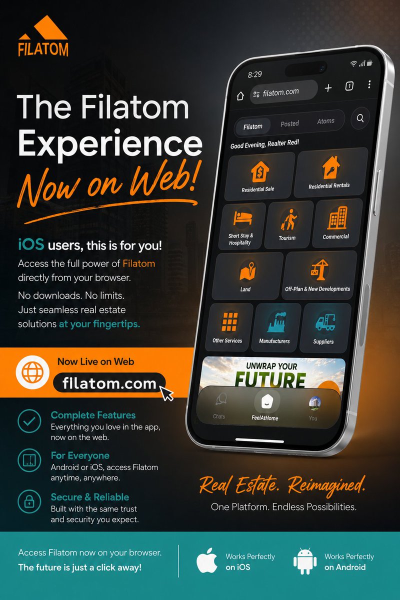 filatomapp's tweet photo. Dear IOS Users, as Filatom plans to rollout its IOS version on Appstore, we let you know that the same Filatom Experience is Now on Web at https://t.co/KNXzE7O9Yk 🥰

The wait is here, let the browsing start! Now get your property featured on Uganda's first AI-powered Real Estate Ecosystem🧡

#Filatom #FilatomForWeb #FreeYoVibe #RealEstate #Uganda