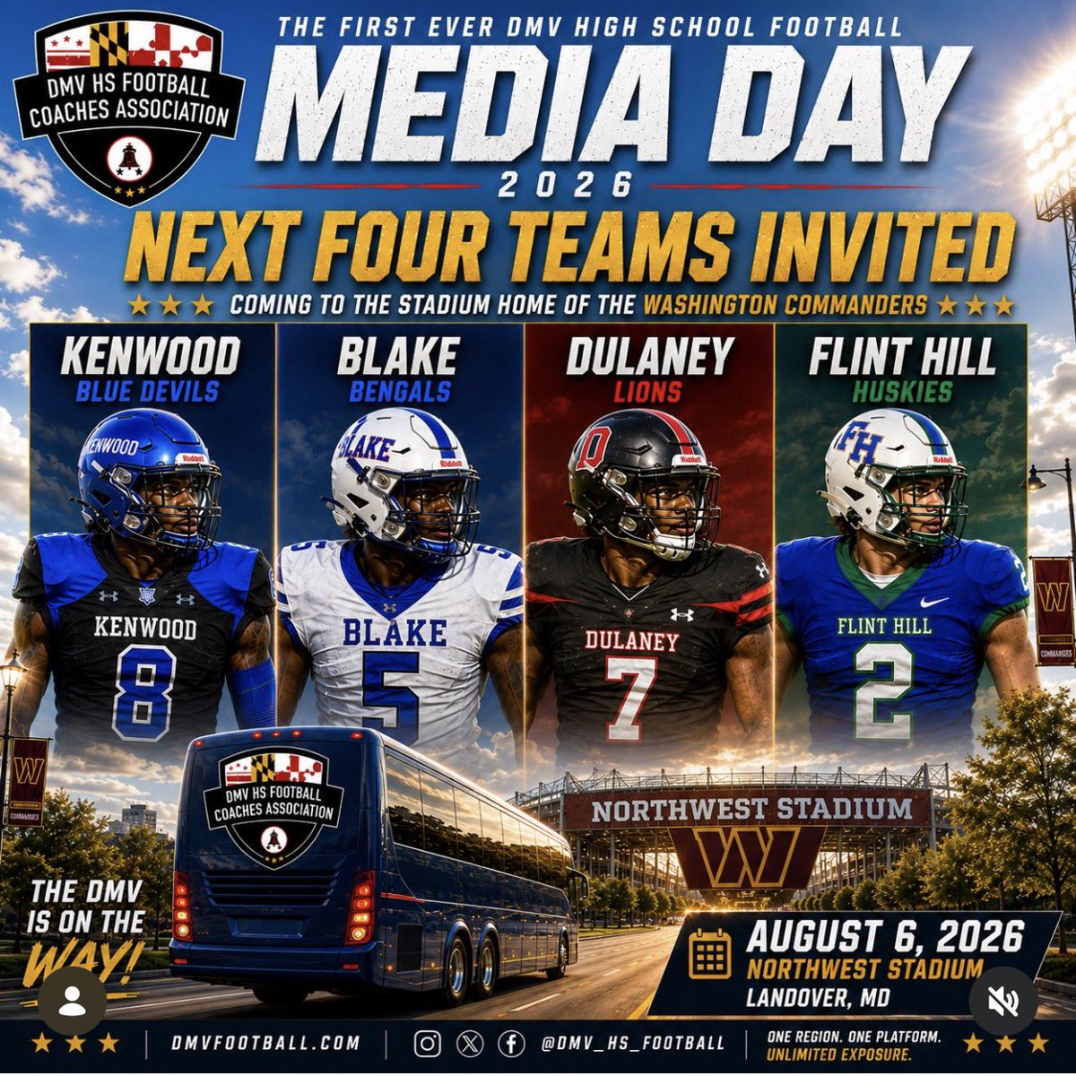 DMV_HS_Football's tweet photo. Four more programs are headed to the DMV's first ever High School Football Media Day at Northwest Stadium.

Congratulations to: 

Kenwood @KenwoodFootball 
Blake @_Blake_Football 
Dulaney @Dulaneyftball 
Flint Hill @FlintHillFball 

#DMVHSFootball #DMVMediaDay #NorthwestStadium https://t.co/0JzFnkZIOv