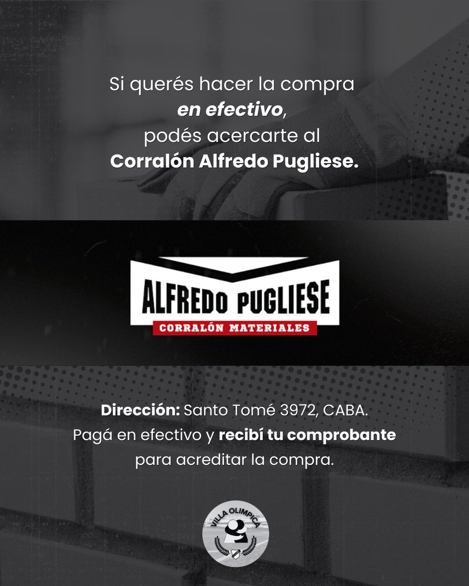 VillaOlimpicaAB's tweet photo. 🏗️ Cada bolsa suma para hacer realidad la Villa Olímpica.

Con una colaboración de $10.000 podés aportar una bolsa de cemento y ser parte de nuestro crecimiento.

📲 Transferí, enviá el comprobante y sumate. También podés comprarla en efectivo en el Corralón Alfredo Pugliese. https://t.co/Yb23qS8UbP