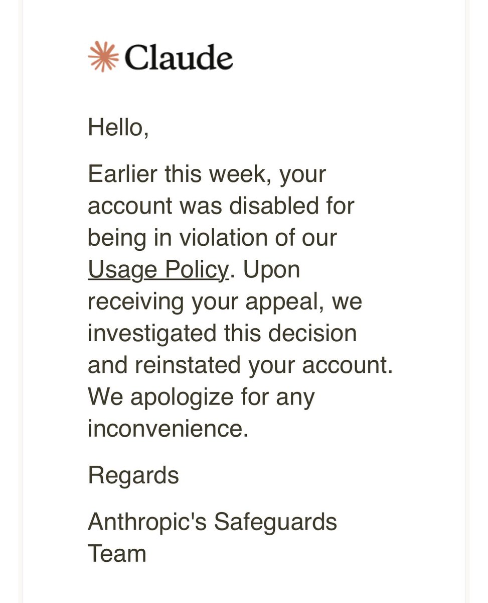Junsen__Liu's tweet photo. ⛔️Claude banned me for a month.

Felt exactly like a messy breakup.

Then today the account just… came back.

Thank you Claude.

We’re so back.📈 https://t.co/1qYcjtjZXl