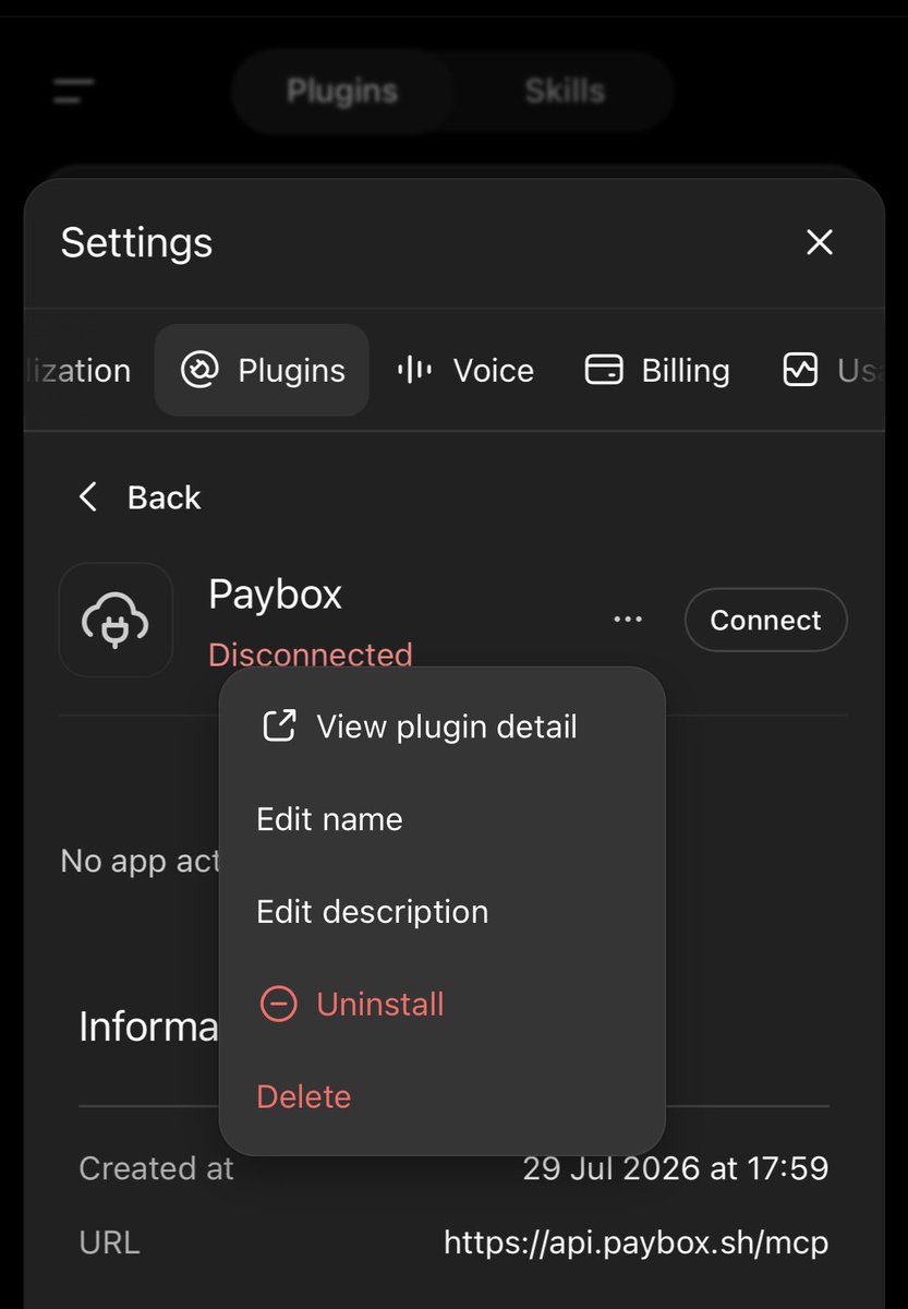 Deestar's tweet photo. 🚨you just sold your chatGPT data to MoonPay for $50

if hacked, there’s risk of leaking your private conversations and data online

to disconnect:

go to chatgpt(.)com > settings > plugins > uninstall PayBox

stay SAFU <3 https://t.co/Qw6HW34DY4
