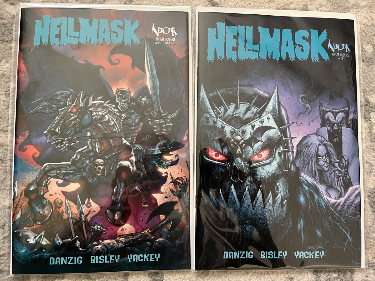 donnieofthedead's tweet photo. Arrived today from Verotik, Hellmask #3! Regular Simon Bisley cover and the Wayshak variant cover. Spectacular art! @WAYSHAK @MattYackey #Verotik #Danzig #Biz #Hellmask https://t.co/7AD9QTo0O5
