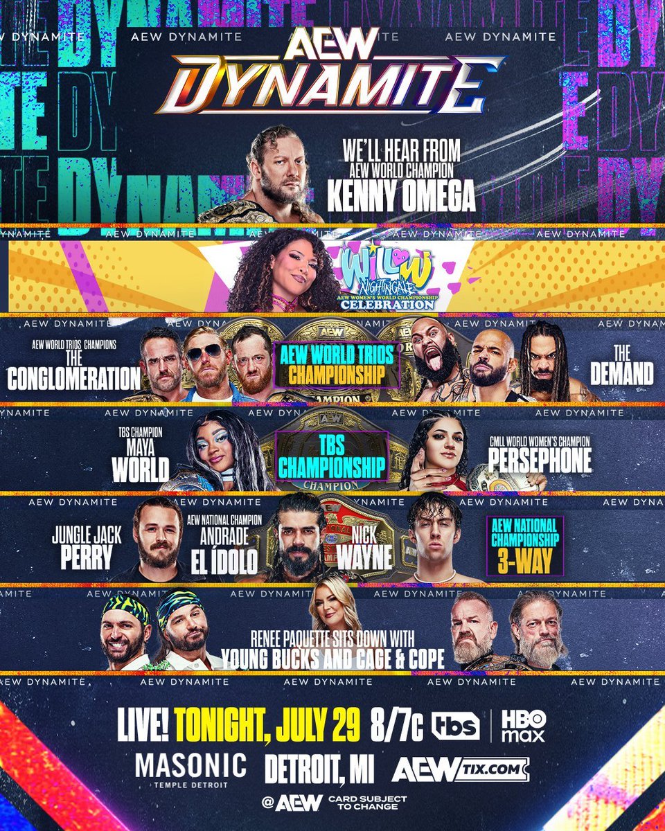 NoBonesRasslin's tweet photo. Our "#AEWDynamite" watch-along starts @7:55! Join us, and chat with Asa ✝️, @KayFabulous80 👗, @Switch0116 🎤, & @WolferusYT 🐺!!! We're on X, & at https://t.co/lU2xFBxRHz….

#OrangeCassidy, #KyleOReilly, & #RoderickStrong defend the #AEWWorldTriosTitles vs. #TheDemand, we'll hear from #AEWWorldChampion #KennyOmega, & much more!

#AEW #wrestling