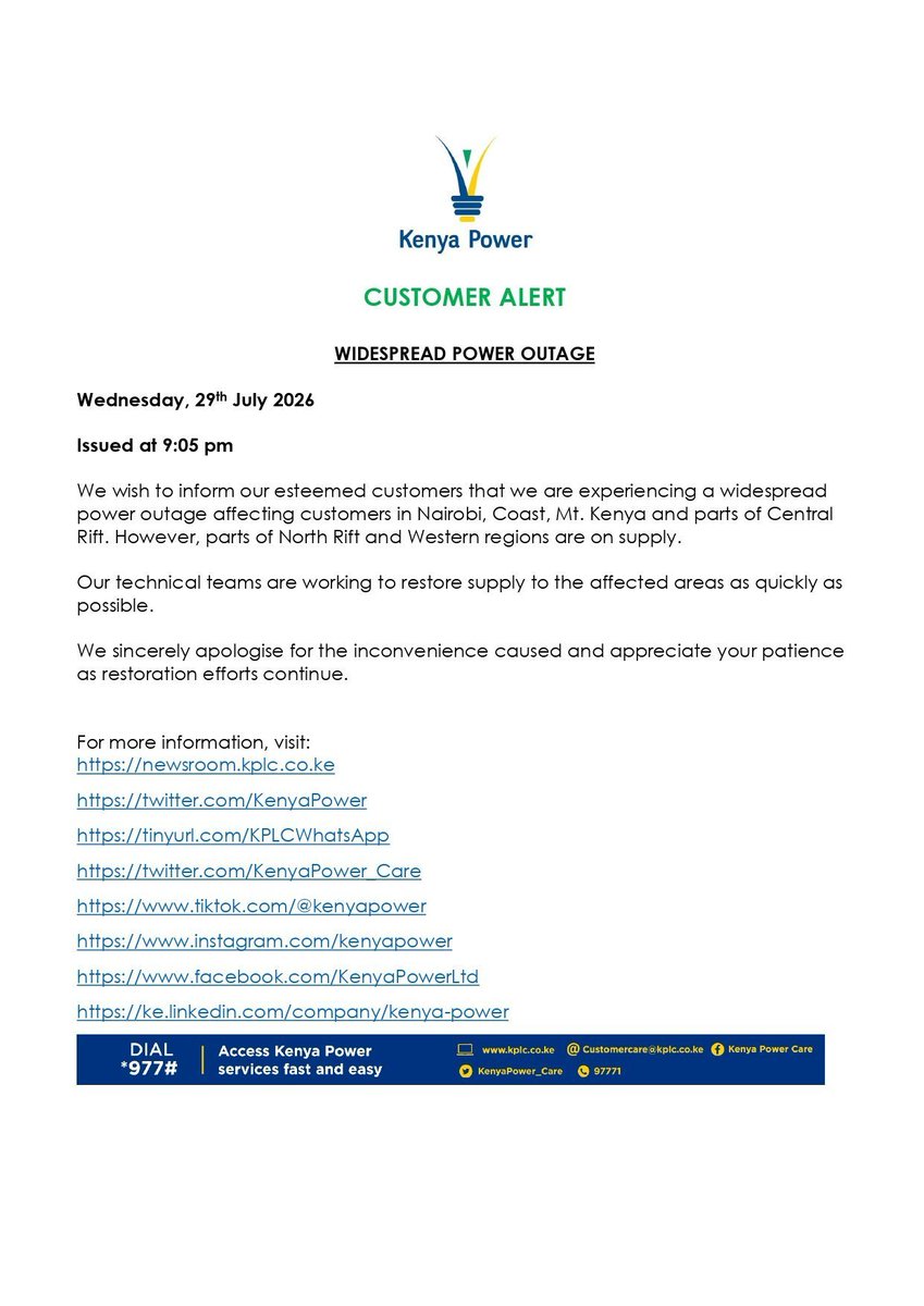 Chrlie37's tweet photo. An hour later, Kenya Power has issued an official statement confirming widespread power outages affecting several regions across the country. https://t.co/OGQpN2K8T1