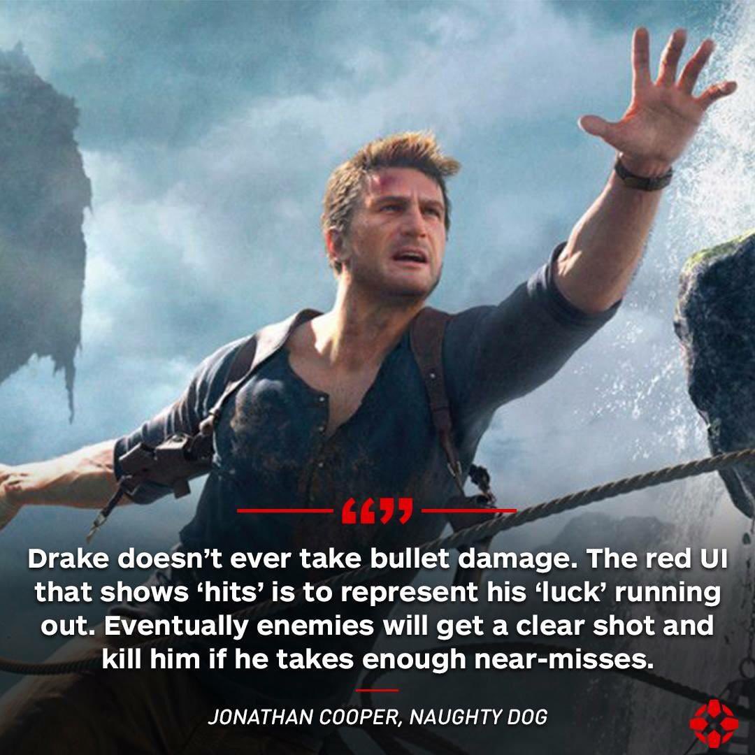 realradec's tweet photo. a neat little detail in Uncharted is that when Nate gets shot, he’s not losing his health. He’s actually running out of “luck”

Once it fully depletes he’ll finally get hit and killed by an enemy in game which makes Crushing runs really funny once I learned this https://t.co/4GxmaOUV0E