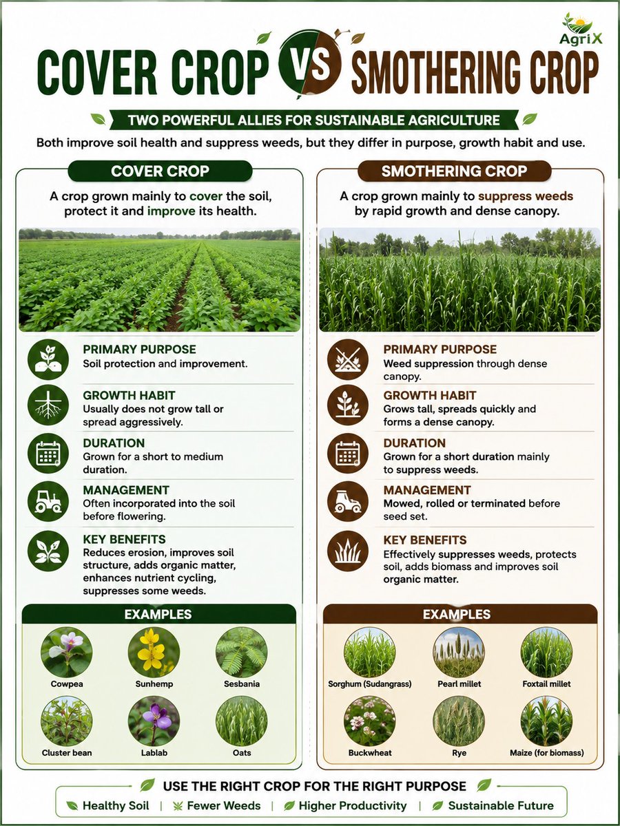 agrix2026's tweet photo. Cover crops focus on soil health, while smothering crops focus on weed control through vigorous growth.
#CoverCrops #SmotheringCrop #Agronomy #Agriculture #CropManagement #WeedManagement #SoilHealth https://t.co/wJsb0nRspw