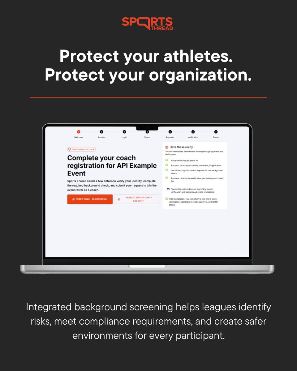 sportsthread's tweet photo. Protect your athletes. Protect your organization.

Sports Thread simplifies coach background checks by letting organizations invite, track, and manage screenings from one platform.

✔️ No spreadsheets
✔️ No paperwork
✔️ Real-time status tracking
✔️ Built for youth sports

#YouthSports #SportsTech