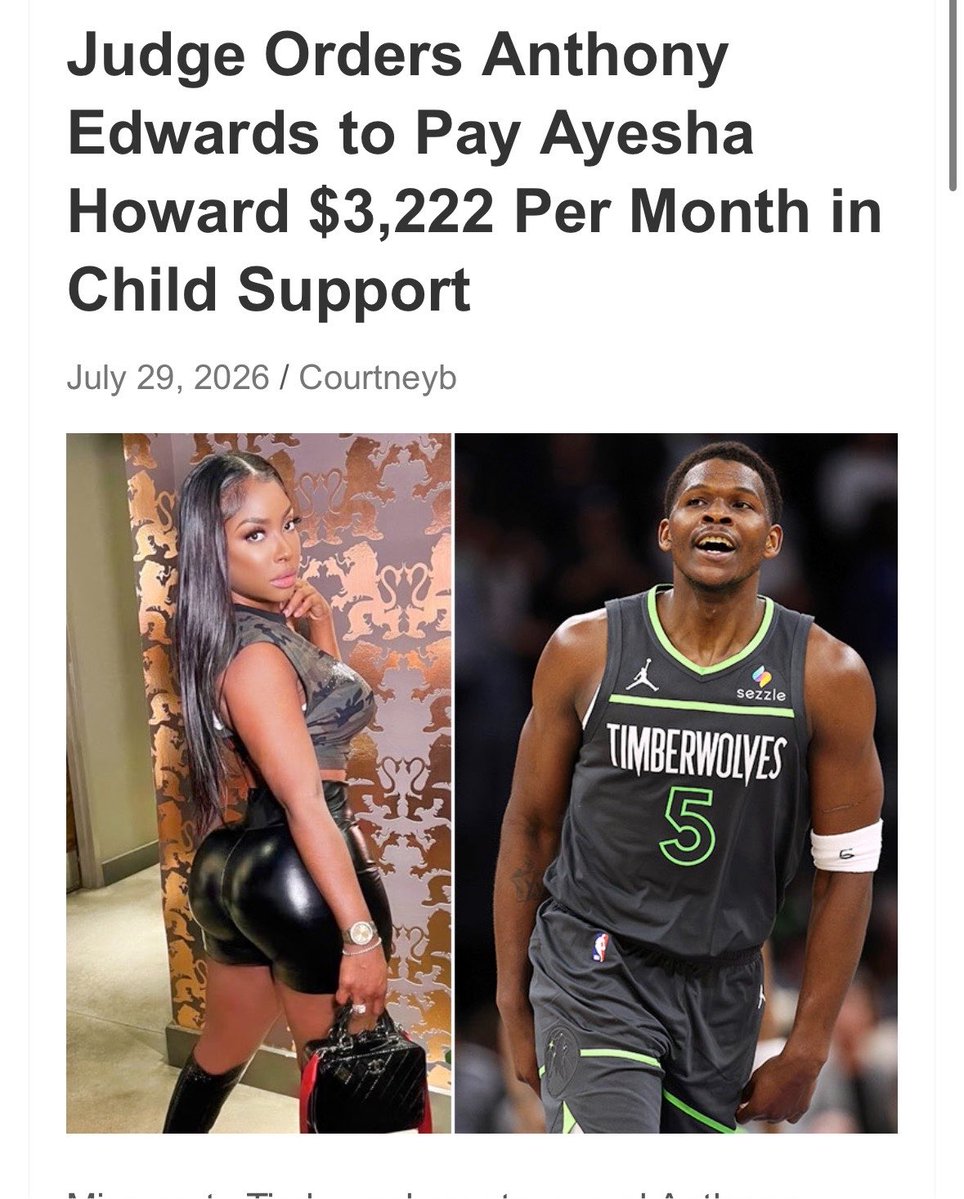 Streetwork85N's tweet photo. Ayesha Howard with a message after news breaks that Anthony Edwards only has to pay her $3K a month in child support

“I am the mother of one out of three children who have been abandoned by a celebrated athlete. Because of my platform, my story receives the most attention. But beyond the entertainment value, the clicks, and the views, the painful reality is that three children are growing up fatherless. This is not due to a lack of resources, health, or opportunity it is a conscious choice. A man can take the jersey off his back shoes off his feet and to sign for fans, yet his own three children are missing that same signature on their birth certificates and have never even met him. Furthermore, the narrative labeling these mothers as 'gold diggers' for seeking proper care is entirely false.”