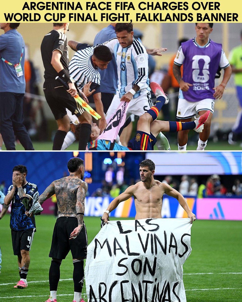 MenInBlazers's tweet photo. ARGENTINA, PLAYERS FACE FIFA DISCIPLINE ⚖️

FIFA has opened disciplinary proceedings against three players for their roles in a post-final fight as well as the football association for display of a banner saying the British-held Falklands Islands belong to Argentina. https://t.co/NbiQmOkRjD