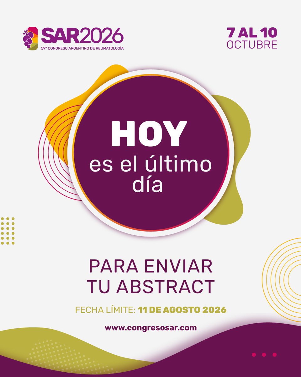 ComunidadSar's tweet photo. 🚨 Hoy cierra la recepción de abstracts.

Si aún no realizaste el envío, completá la carga y validá la información antes del cierre.

Ingresá en https://t.co/UG6htQdw6s y enviá tu abstract.

Último día para ser parte del Congreso SAR 2026.

 #SAR #Reumatología #Abstracts https://t.co/7lPv5zFBn5