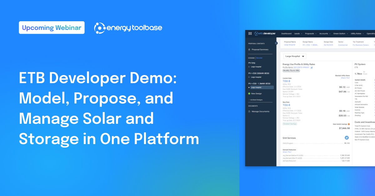 EnergyToolbase's tweet photo. 🚨 TOMORROW: ETB Developer Demo Webinar 🚨

In this demo, we’ll showcase how ETB Developer helps teams evaluate complex utility rates, analyze project economics, and streamline workflows from initial modeling through deployment. Register now: https://t.co/OgWY4TEWrD https://t.co/F7bWBZ661M