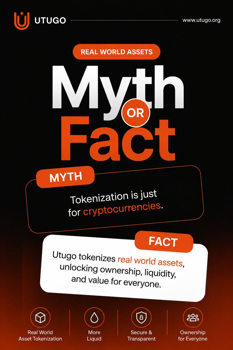 utugoio's tweet photo. Myth: Tokenization is only for crypto. ❌

Fact: Real-world assets can be tokenized too—making ownership more accessible, transparent, and efficient.

#UTUGO #RWA #Tokenization #Web3 #Blockchain https://t.co/kVlNDqu0A7