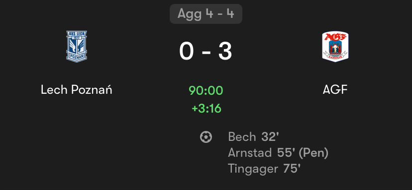 KickoffRep's tweet photo. 🇵🇱🇩🇰What a comeback from AGF against Lech Poznan!!!

Losing 1-4 last week after a red card, an exit seemed certain. But now, they are leading 3-0 in Poland and are sensationally heading to extra time in the Champions League qualifiers.👏

Goals from Bech, Arnstad and Tingager. https://t.co/QowSRCisst