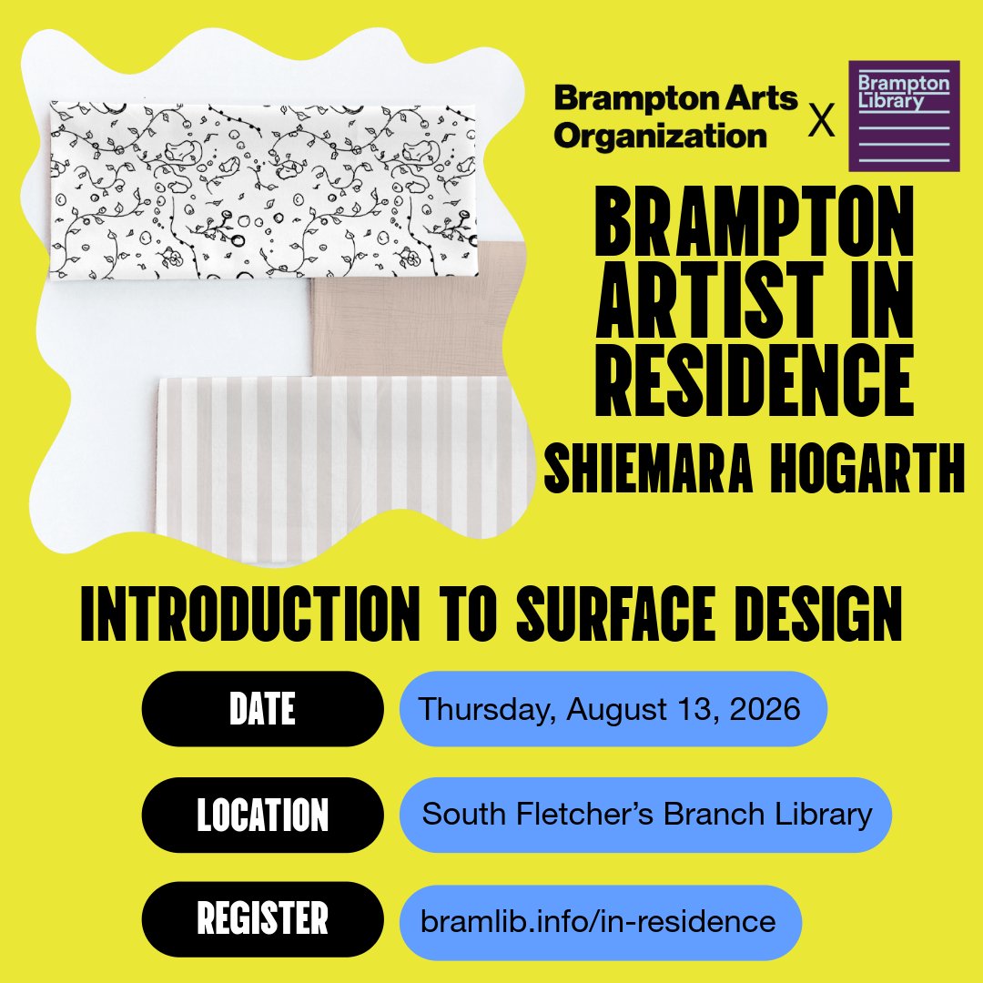 baobrampton's tweet photo. There are only a few spots left in #Brampton Artist in Residence Shiemara Hogarth’s upcoming Introduction to Surface Design workshop.

All ages, no experience needed. Register now https://t.co/kBXngTP2La https://t.co/8isd6Hkuzd