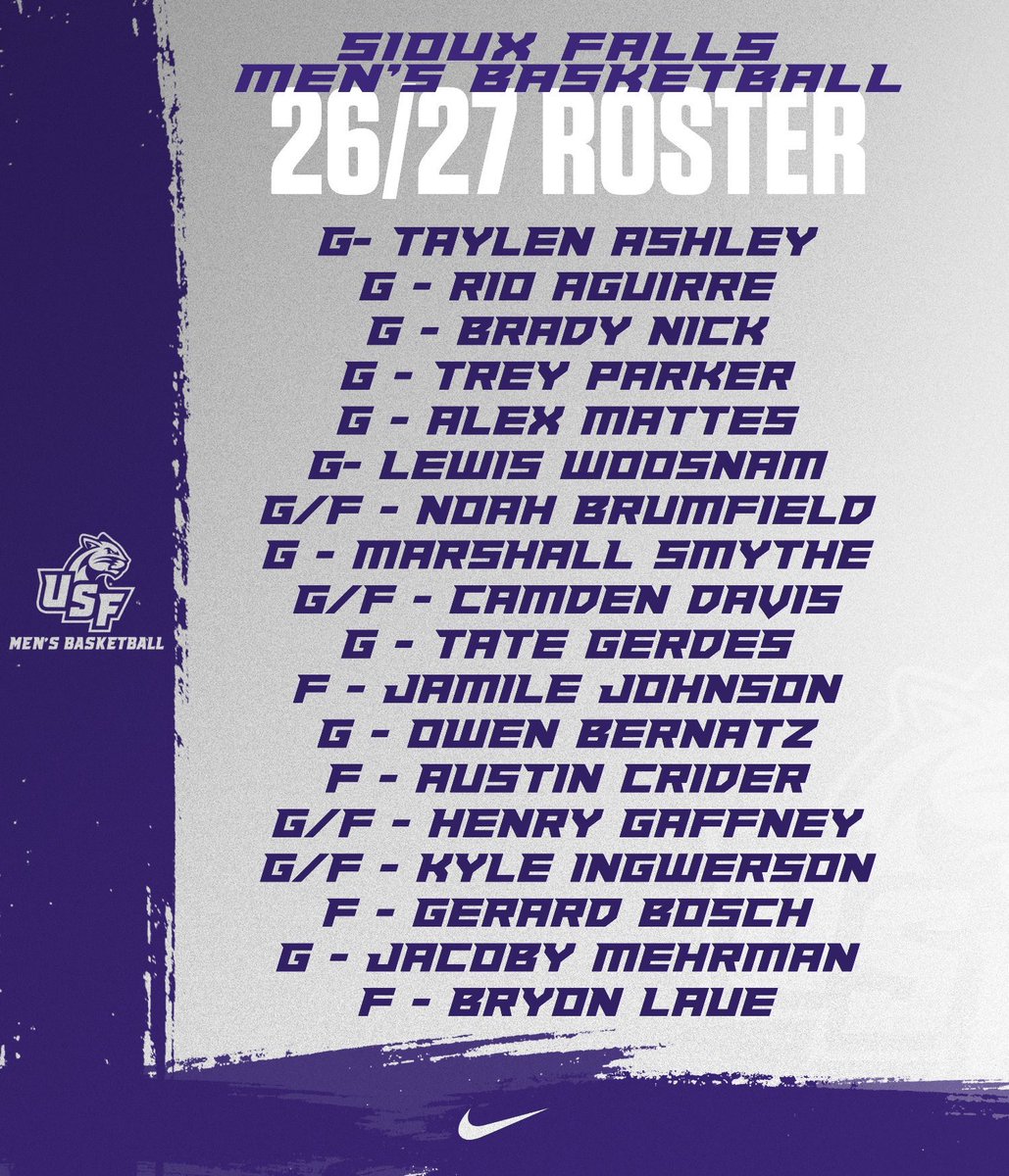 USFCougarsMBB's tweet photo. Locked in. Ready to go. ๐ค
Meet the 2026-27 Sioux Falls Menโs Basketball roster. We canโt wait to get to work.
#BleedPurp | #CooFalls https://t.co/IWIhpFJ3wV