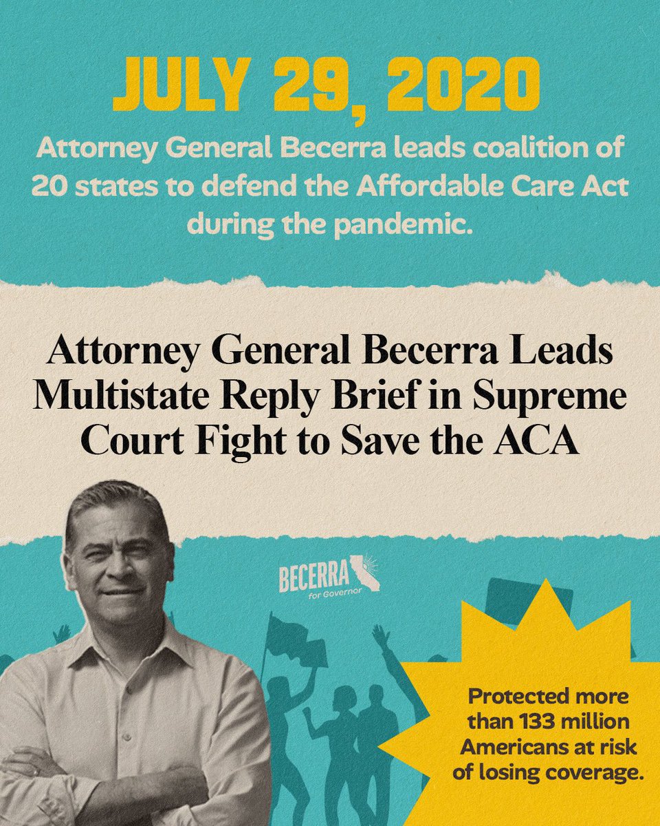 XavierBecerra's tweet photo. When the Affordable Care Act was under attack during a global pandemic, I fought back.

As California Attorney General, I led a coalition of 20 states all the way to the Supreme Court to defend the ACA and protect health care for millions of Americans.

I'll never stop fighting to make health care more affordable and accessible for every Californian.