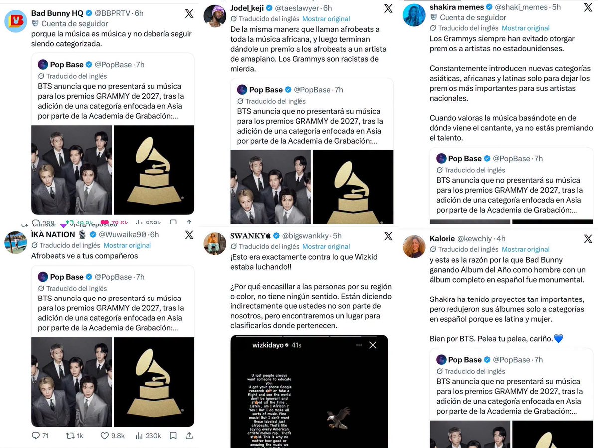 btswingsjm7's tweet photo. un sentimiento ver a fanáticos y páginas grandes como los de shakira y bad bunny demuestran su apoyo ante la decisión de BTS de no presentar su Música en los grammys, recibir apoyo de quienes también sufrieron este racismo y son conocedores de la lucha, así es como se ve la solidaridad