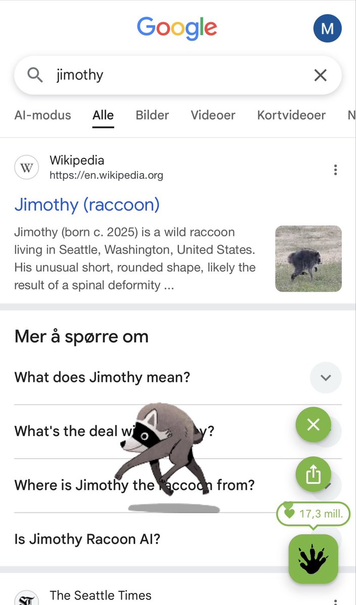 MunchBaby1337's tweet photo. Four screenshots. One raccoon.

@Reddit r/JimothyTheRaccoon: 67,600 visitors a week. 3,600 posts. #24 in Nature & Wildlife — a category where the competition is literally every animal on earth.

@Google built him a button. Not a doodle. A button you press to pet him. 17,300,000 pets.

@facebook : “cult of jimothy”. 30,000 members.

@solscanofficial : 30,029 holders. 

Read those last two again. The cult and the holder count are the same number. Nobody coordinated that.

Yes, it’s a memecoin. That’s not the story.

The story is that two weeks ago Jimothy was a raccoon in Ballard with a bad spine, and now he has a Wikipedia page, a subreddit, a religion, and a button on the biggest website on earth.

 -Jimothy summer 🦝