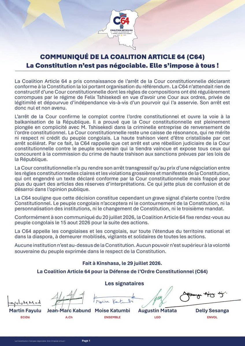 mbanghu's tweet photo. L’arrêt de la cour cnfirme le complot contre l’ordre constitutionnel et ouvre la voie à la balkanisation de la République. La cour constitutionnelle est pleinement plongée en complicité avec M. Tshisekedi en vue d’avoir une cour aux ordres, privée de légitimité...dixit C64. https://t.co/fUAKkHXvzm