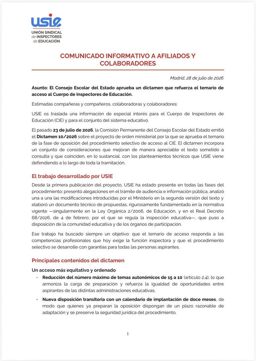 USIE_inspeccion's tweet photo. El dictamen del Consejo Escolar del Estado incorpora mejoras relevantes al proyecto de temario de acceso al Cuerpo de Inspectores de Educación, en línea con las propuestas defendidas por #USIE.

Seguimos trabajando hasta la aprobación de la norma.

@ConsEscoEstado @educaciongob https://t.co/Agl6qkdLyT