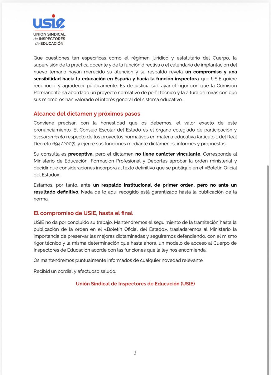 USIE_inspeccion's tweet photo. El dictamen del Consejo Escolar del Estado incorpora mejoras relevantes al proyecto de temario de acceso al Cuerpo de Inspectores de Educación, en línea con las propuestas defendidas por #USIE.

Seguimos trabajando hasta la aprobación de la norma.

@ConsEscoEstado @educaciongob https://t.co/Agl6qkdLyT