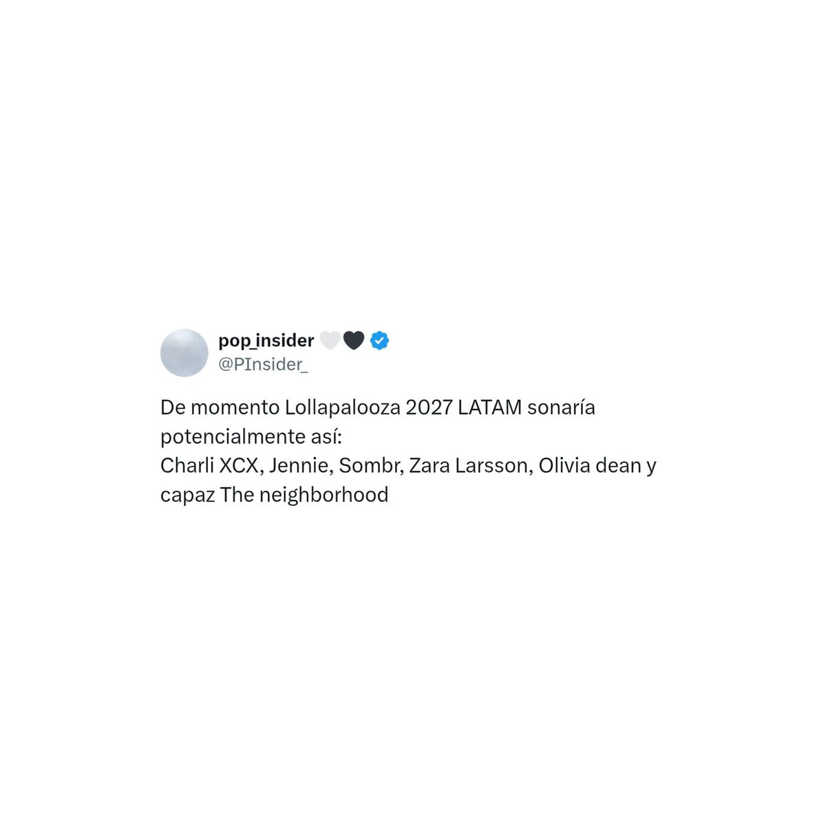 festivalando's tweet photo. Rumores do Lolla até aqui: Charli xcx, Olivia Dean, Jack White, Zara Larsson, Sombr, Jennie, The Neighbourhood 

Rumor de "show solo ou festival no primeiro semestre": The xx https://t.co/TfZsJbUETB