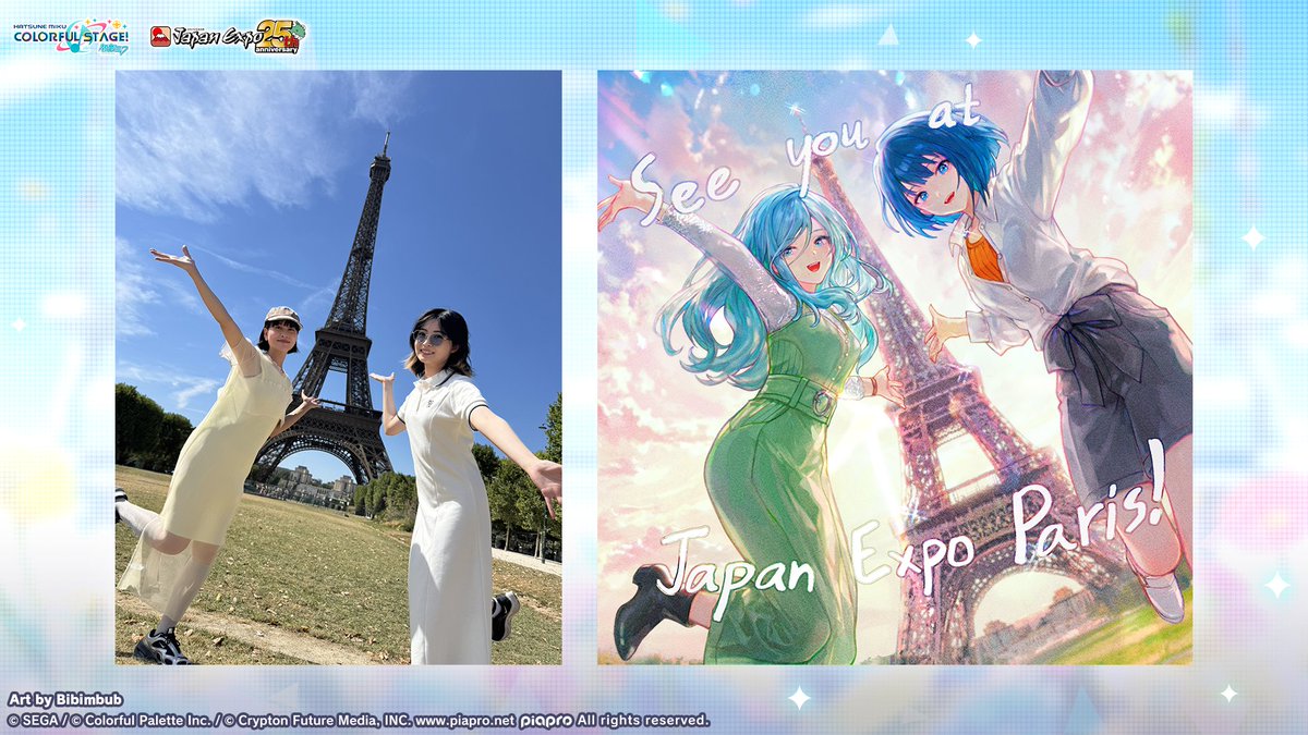ColorfulStageEN's tweet photo. Thank you everyone who joined us at Japan Expo this month! 💙💚

Mayu Yoshioka and Rina Honizumi enjoyed their time in Paris just like Shizuku and Haruka did~

📸 Try posing like them the next time you're in France. https://t.co/qk3mekLrC2