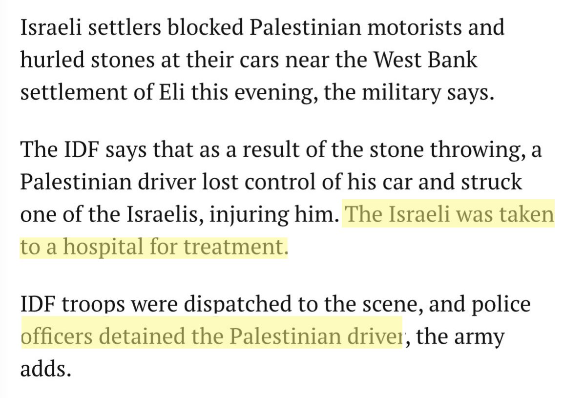 IhabHassane's tweet photo. Israeli settlers threw stones at a Palestinian driver's vehicle in the occupied West Bank, causing the driver to lose control.

The Israeli army arrived, not to arrest the settlers who threw the stones, but to arrest the Palestinian driver. https://t.co/CFqReyUPJJ