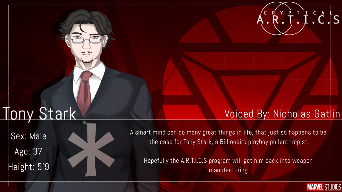 CrypticalArtics's tweet photo. "A man who needs to put his heart where his money is."
We are proud to have @NicholasGatlin_ as the voice of Tony Stark in Cryptical A.R.T.I.C.S! Looking forward to seeing his work here!
#Marvel #Fangantwt #CrypticalARTICS #ACU https://t.co/AtLfM8zcZg