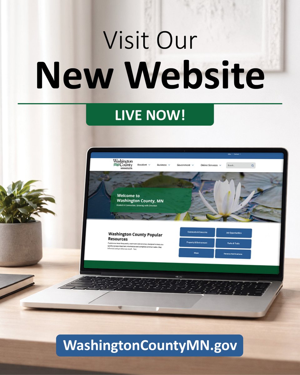 WashingtonCoMN's tweet photo. Washington County’s new website is live! 

https://t.co/kDTsUa3XGw now has better search and simpler navigation. Plus, the pages are mobile-friendly. These tools make it easier for you to access county resources and services, no matter what device you are on. https://t.co/0nB6q77bxY