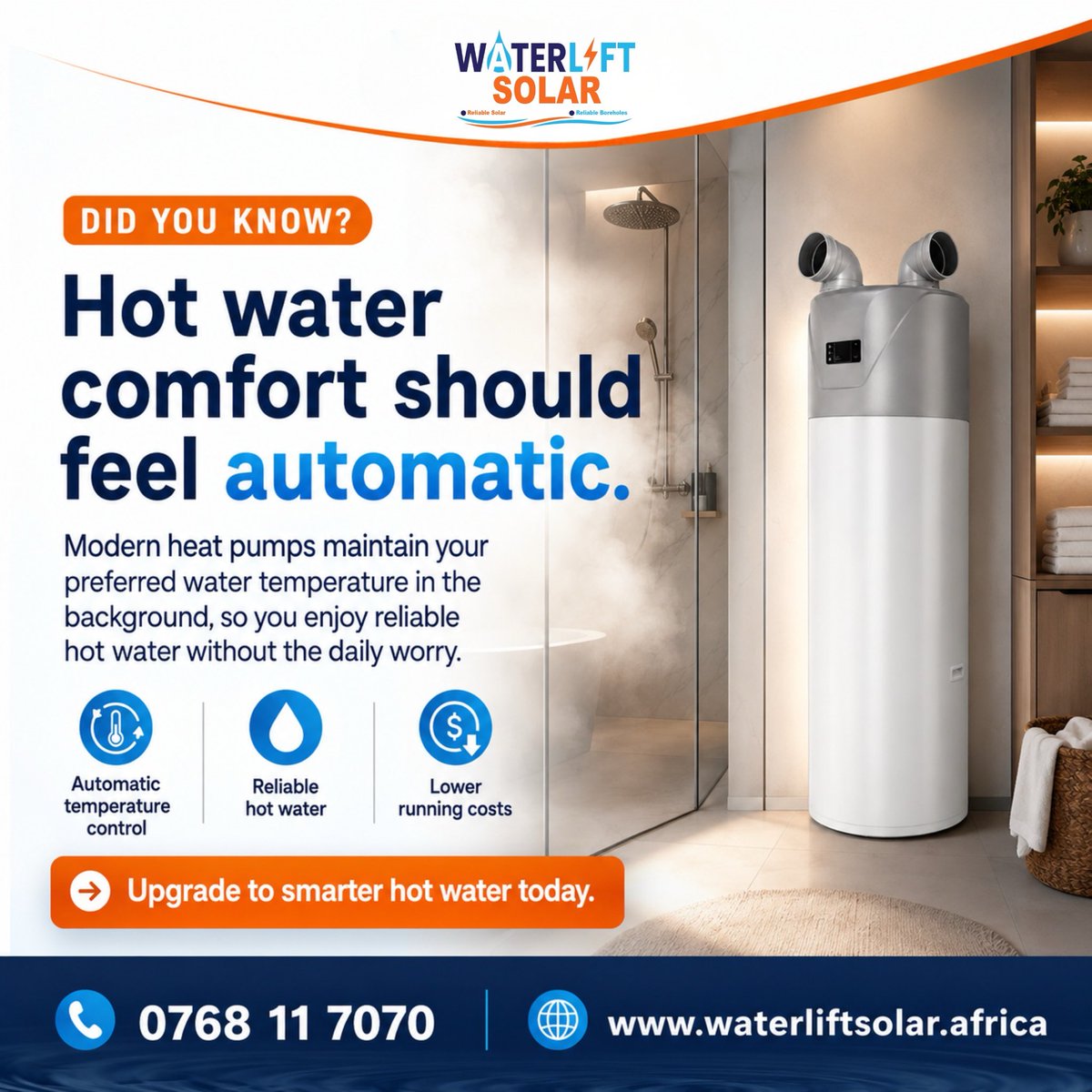Waterlift_'s tweet photo. Hot water should be something you enjoy, not something you have to think about.

At Waterlift Solar, we help homes and properties upgrade to smarter hot water solutions built for convenience, reliability, and savings.

Upgrade to smarter hot water today.
📞 0768 11 7070 https://t.co/PgdEQY4YDX