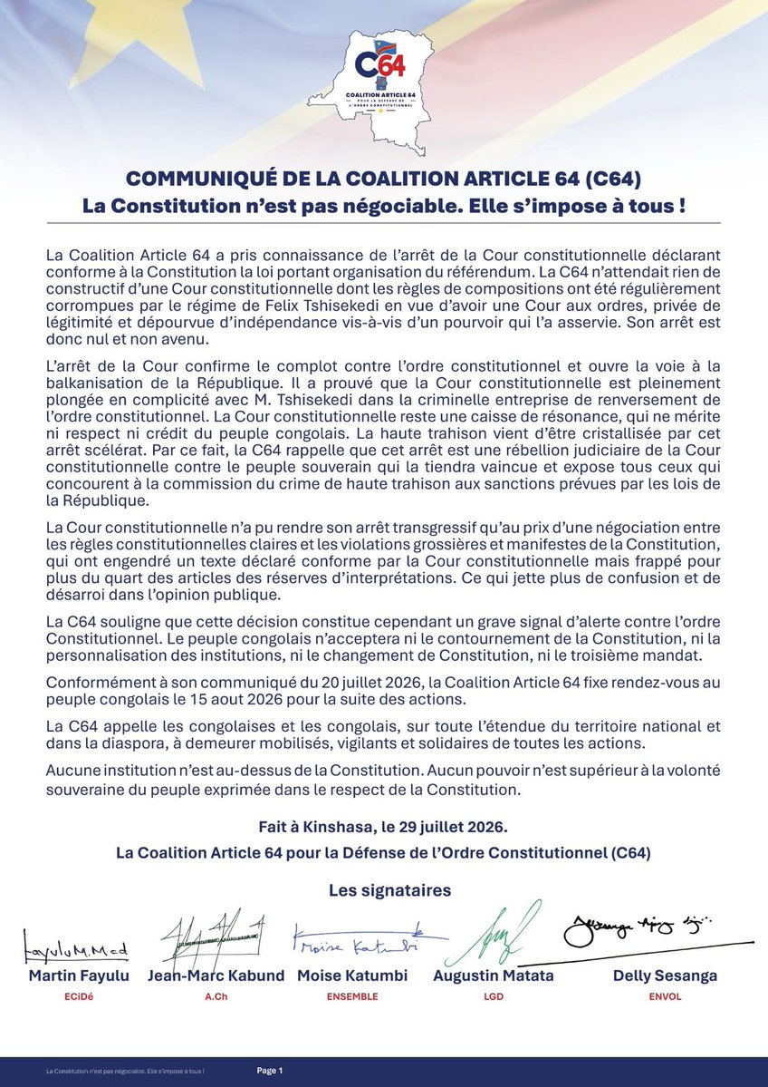 lokondobenjamin's tweet photo. RDC : la Coalition Article 64 rejette la validation de la loi référendaire et accuse la Cour constitutionnelle de servir le pouvoir. https://t.co/au6WqvjRmy https://t.co/t94AgFuNqK