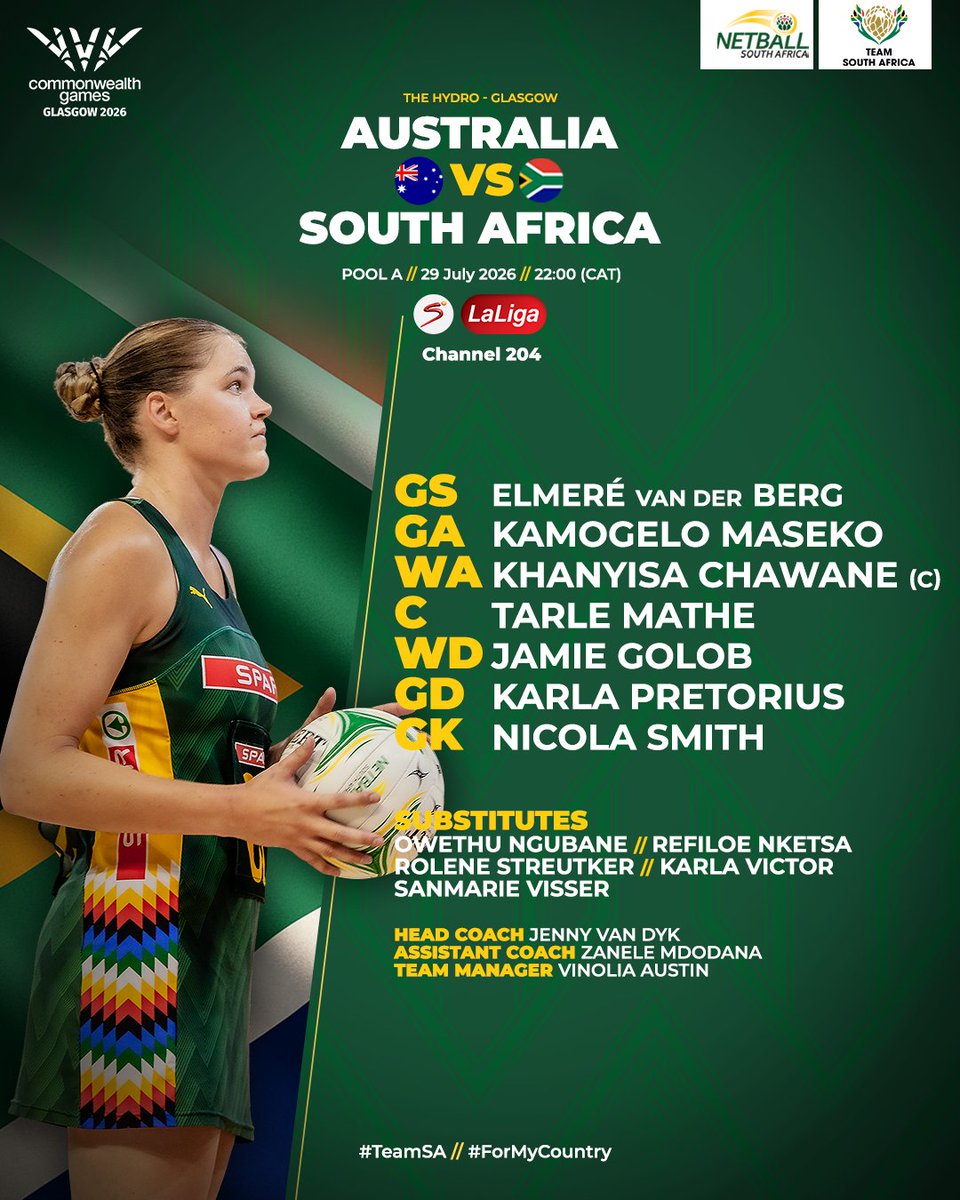Netball_SA's tweet photo. Locked in 🔒 Here's your Starting 7 for Game 4 🇿🇦🇦🇺

#TeamSA #ForMyCountry #Glasgow2026
@OfficialTeamRSA https://t.co/XomxoIjuVD