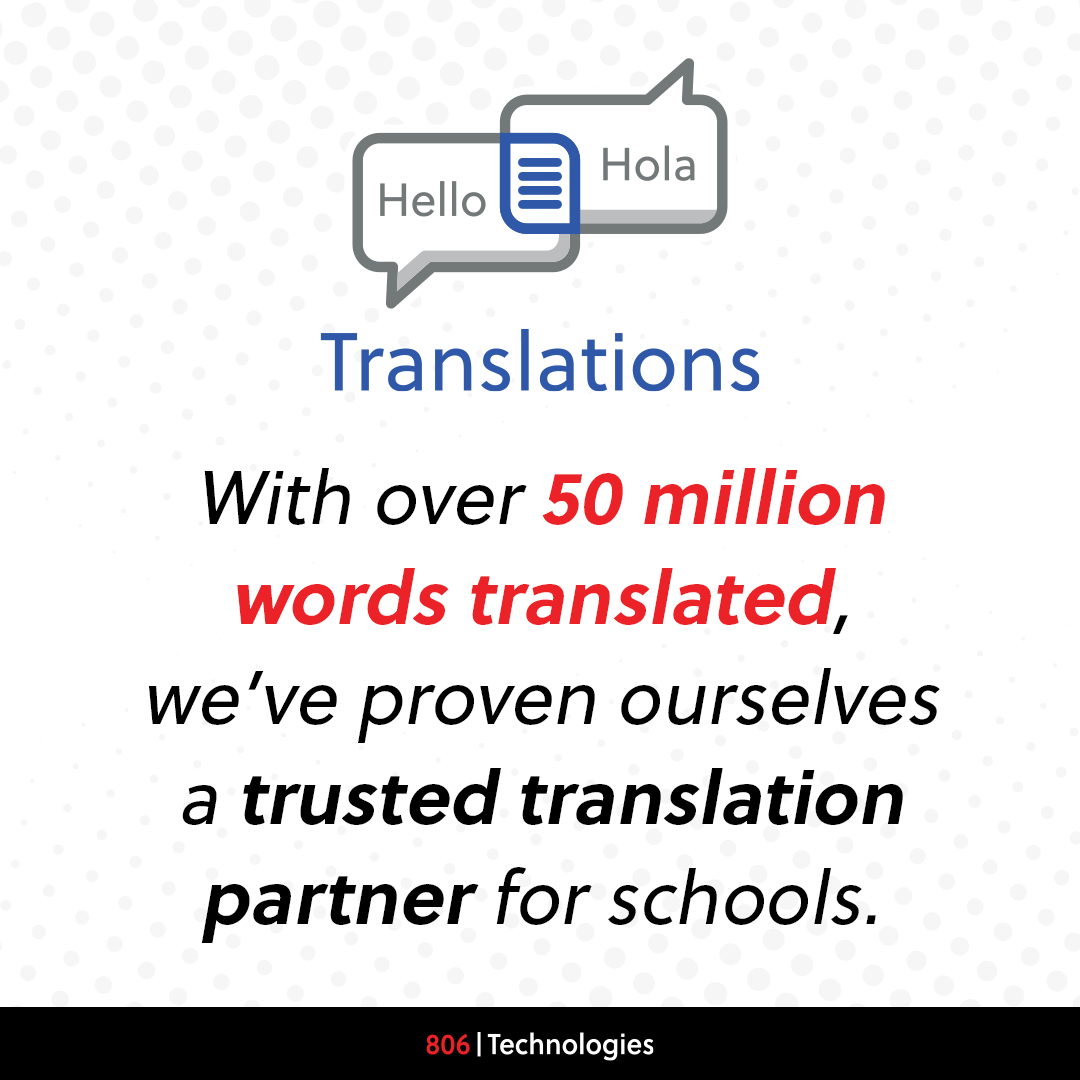 806Technologies's tweet photo. Trusted by schools. Focused on families.
More than 50 million words translated reflects the trust districts place in 806 &amp; the opportunity to help families better understand &amp; participate in their child’s education.

Learn more: https://t.co/IqPBC6d6Lv

#TranslationServices https://t.co/IgMF32LchI