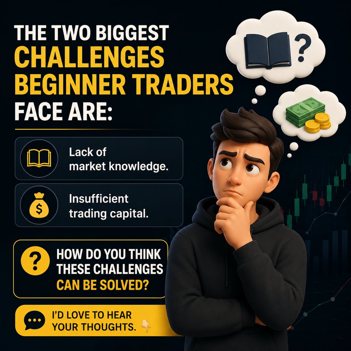 SD_FRESHone's tweet photo. The two biggest challenges beginner traders face are:

• Lack of market knowledge.
• Insufficient trading capital.

How do you think these challenges can be solved?

I'd love to hear your thoughts. 👇 https://t.co/gdq246ivkt