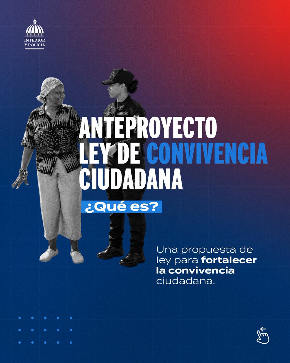 MinInteriorRD's tweet photo. El anteproyecto de Ley de Convivencia Ciudadana nace con un propósito claro: fortalecer el respeto, el orden y la convivencia pacífica.

Para lograrlo, en el Ministerio de Interior y Policía promovemos una construcción participativa, donde la ciudadanía forma parte de la búsqueda de soluciones a los desafíos que impactan la convivencia en nuestras comunidades.

Escuchar, dialogar y construir en conjunto permite impulsar una propuesta que responda a las necesidades del territorio y contribuya a una convivencia basada en el respeto y la corresponsabilidad.

#InterioryPolicíaRD