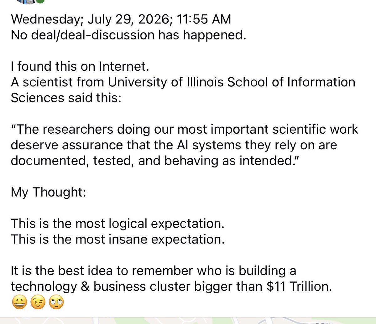 arun_das1's tweet photo. Wednesday;July29,2026;11:55AM
AI expectation 😀😉🙄
No deal
#democrats #WhiteHouse #CISA #IRS #SECGov #FTB #FTC #USPTO #Harvard #NASA #ABC #NBC #MSNBC #CNBC #CNN #Bloomberg #CES #India #TimesofIndia #ABPNews #TheTelegraph #ZeeTV #TVAsia #SonyTV #Olympics #CERN #UnitedNations https://t.co/OqdLEowu6J