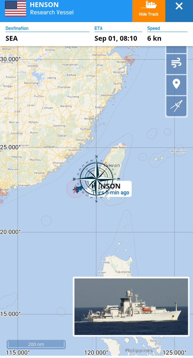Oceanworldfree's tweet photo. The sudden appearance of US Navy's Pathfinder-class oceanographic research vessel USS Henson (T-AGS-63) in waters SW of Taiwan in recent yrs is quite rare. If Bashi Channel were blocked, it would become the only passage for the 3 major fleets of Chinese Navy to assemble.

8E01D4 https://t.co/igtN5In4Op