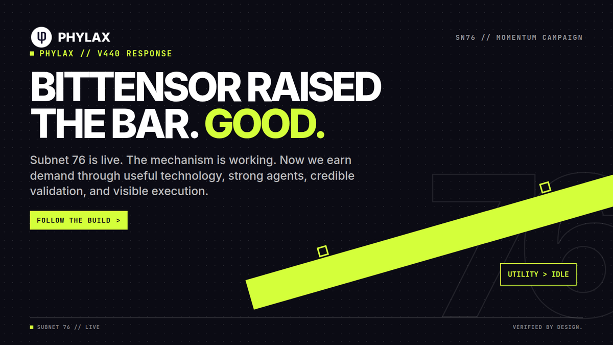 Phylax_Subnet's tweet photo. V440 didn’t change our mission. It sharpened it.
Real utility. Strong miners. Credible validation. Visible execution.
Phylax is live on SN76. Now we earn demand, one proof at a time.
No shortcuts. No empty hype. Just proof.
Follow the build.
#Bittensor #Miner #Validator #Staking