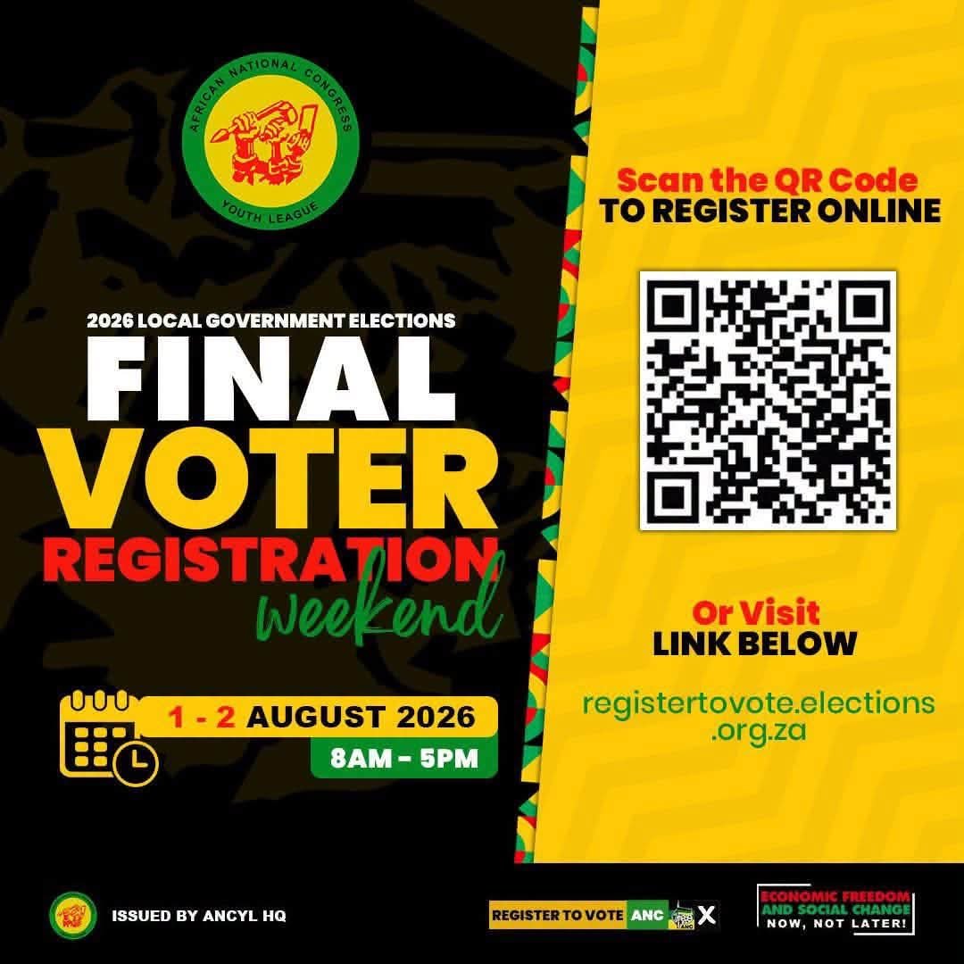ANCYLhq's tweet photo. 📢 𝗙𝗜𝗡𝗔𝗟 𝗩𝗢𝗧𝗘𝗥 𝗥𝗘𝗚𝗜𝗦𝗧𝗥𝗔𝗧𝗜𝗢𝗡 𝗪𝗘𝗘𝗞𝗘𝗡𝗗 | 𝟭–𝟮 𝗔𝗨𝗚𝗨𝗦𝗧 𝟮𝟬𝟮𝟲

Visit your nearest VD this Weekend, to register to vote or verify your voter registration details. Make sure you are correctly registered and ready to participate in these Local Government Elections.

 #RoarYoungLion