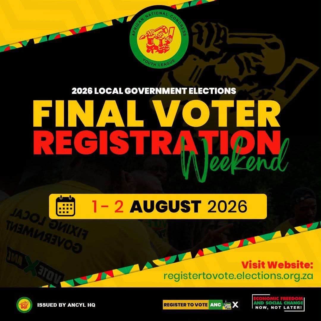ANCYLhq's tweet photo. 📢 𝗙𝗜𝗡𝗔𝗟 𝗩𝗢𝗧𝗘𝗥 𝗥𝗘𝗚𝗜𝗦𝗧𝗥𝗔𝗧𝗜𝗢𝗡 𝗪𝗘𝗘𝗞𝗘𝗡𝗗 | 𝟭–𝟮 𝗔𝗨𝗚𝗨𝗦𝗧 𝟮𝟬𝟮𝟲

Visit your nearest VD this Weekend, to register to vote or verify your voter registration details. Make sure you are correctly registered and ready to participate in these Local Government Elections.

 #RoarYoungLion