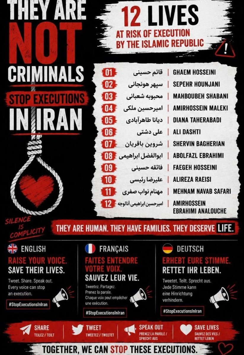 Parham_tweet's tweet photo. 🚨جمهوری اعدامی قراره این دوازده عزیز رو به زودی اعدام کنه😭💔
سکوت کردن باعث اعدام بیشتر میشود!
سکوت نکنیم و صدای این عزیزان باشیم🙏🤝 https://t.co/FcXFvtNfMo