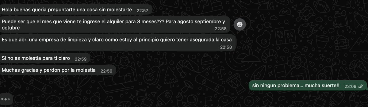 IkerRealEstate's tweet photo. Hace 6 años le alquilé un piso a una señora que no tenía nómina pero trabajaba en el bar de abajo

Mi inmobiliaria de confianza me dijo que me ´podía fiar de ella´

Precio por debajo de mercado y se comprometió a arreglar algunos desperfectos

Una de mis mejores inquilinas - y hoy me manda este mensaje