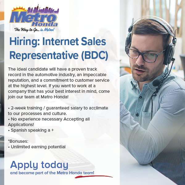 MyMetroHonda's tweet photo. We're Hiring! 💼🚗
🔗 https://t.co/dDsPTWDHXp
Looking to start or grow your career in automotive sales? Metro Honda is hiring an Internet Sales Representative (BDC) to join our team!
Apply today and become part of the Metro Honda family!
.
.
.
#MetroHonda #NowHiring #BDC https://t.co/WLXHTb0Sg0