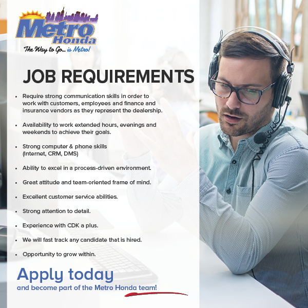 MyMetroHonda's tweet photo. We're Hiring! 💼🚗
🔗 https://t.co/dDsPTWDHXp
Looking to start or grow your career in automotive sales? Metro Honda is hiring an Internet Sales Representative (BDC) to join our team!
Apply today and become part of the Metro Honda family!
.
.
.
#MetroHonda #NowHiring #BDC https://t.co/WLXHTb0Sg0