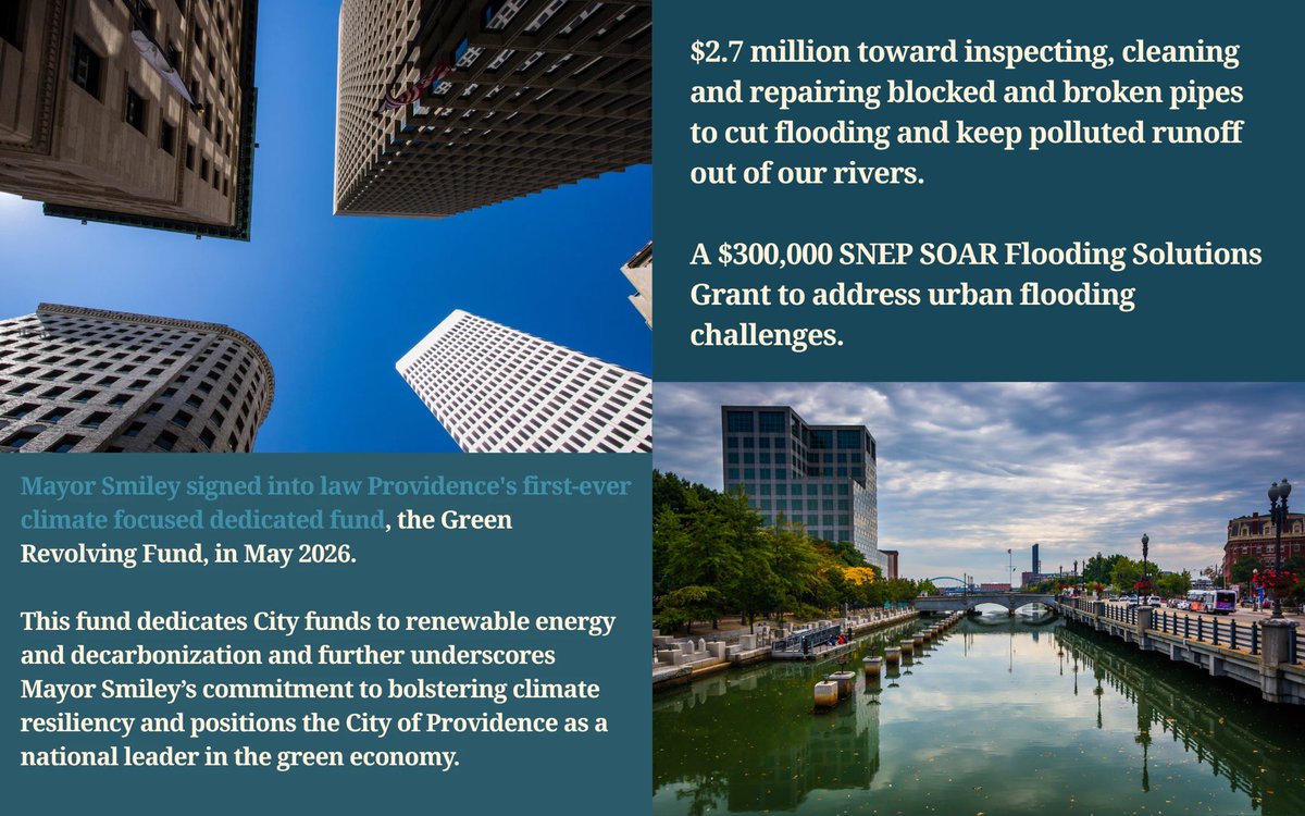 PVDMayor's tweet photo. Since taking office, prioritizing initiatives and investments that build a more climate resilient city has been one of our top priorities. Providence is seeing the deep impacts of climate change and as we experience extreme weather events like heavy rain and potential flooding, we reflect on the importance of this work, and the work still to be done. 

Making investments in green infrastructure and stormwater management, signing into law Providence's first-ever dedicated climate focused fund, and prioritizing initiatives that prepare our city for natural disasters are just some of the ways we are working to building a healthier, more sustainable future for generations to come.

Learn more 🔗 https://t.co/bg0iiEpxHZ