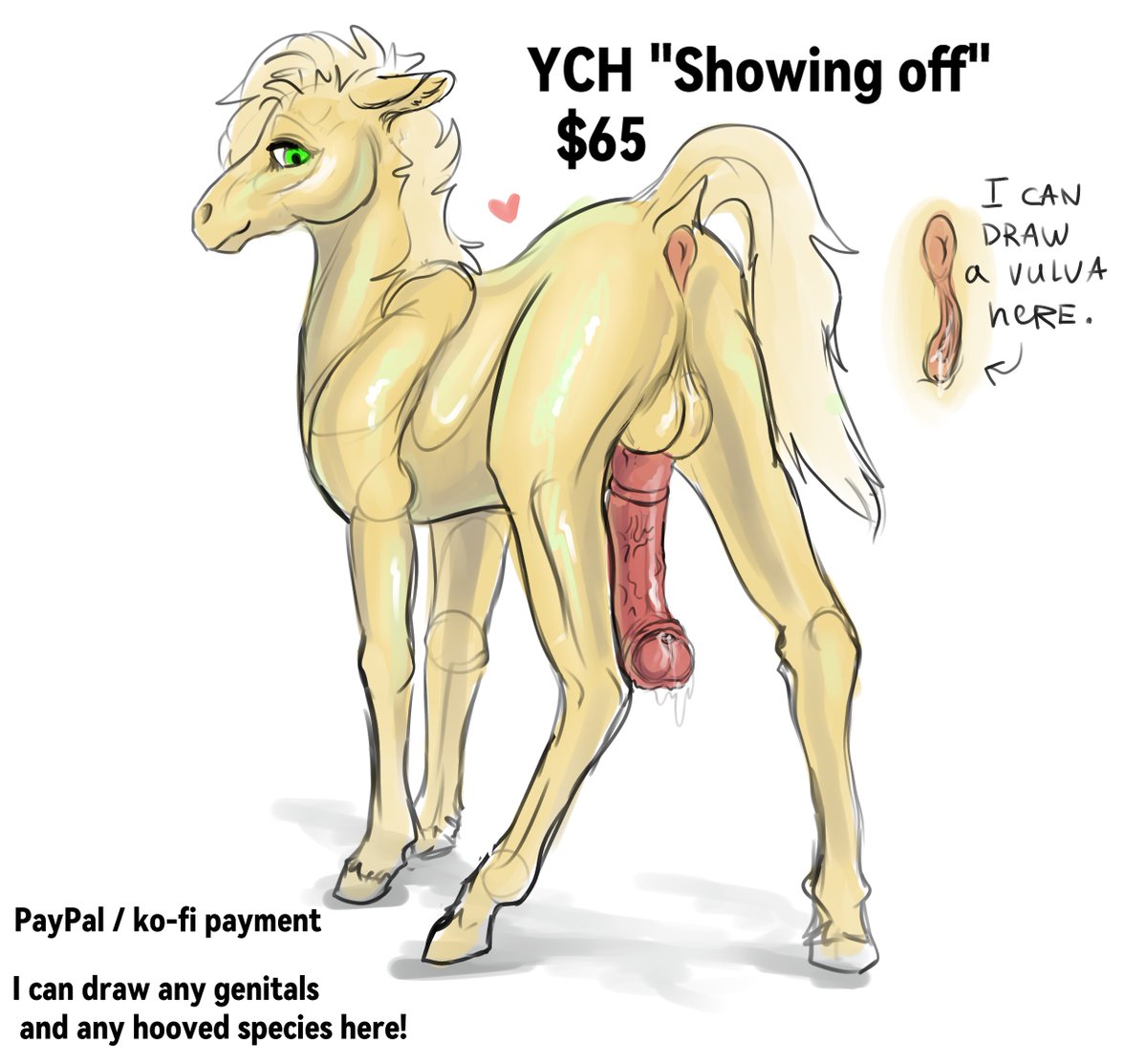 Equus_Abiectus's tweet photo. Horse YCH... or maybe not a horse. I can draw pretty much any hoofed animal, I think! And any genitals too. There's an example of female horse anatomy on the side.
65 USD on paypal or ko-fi

To claim a slot, leave a comment here or send me a twitter DM please https://t.co/Z0emzEqhU5